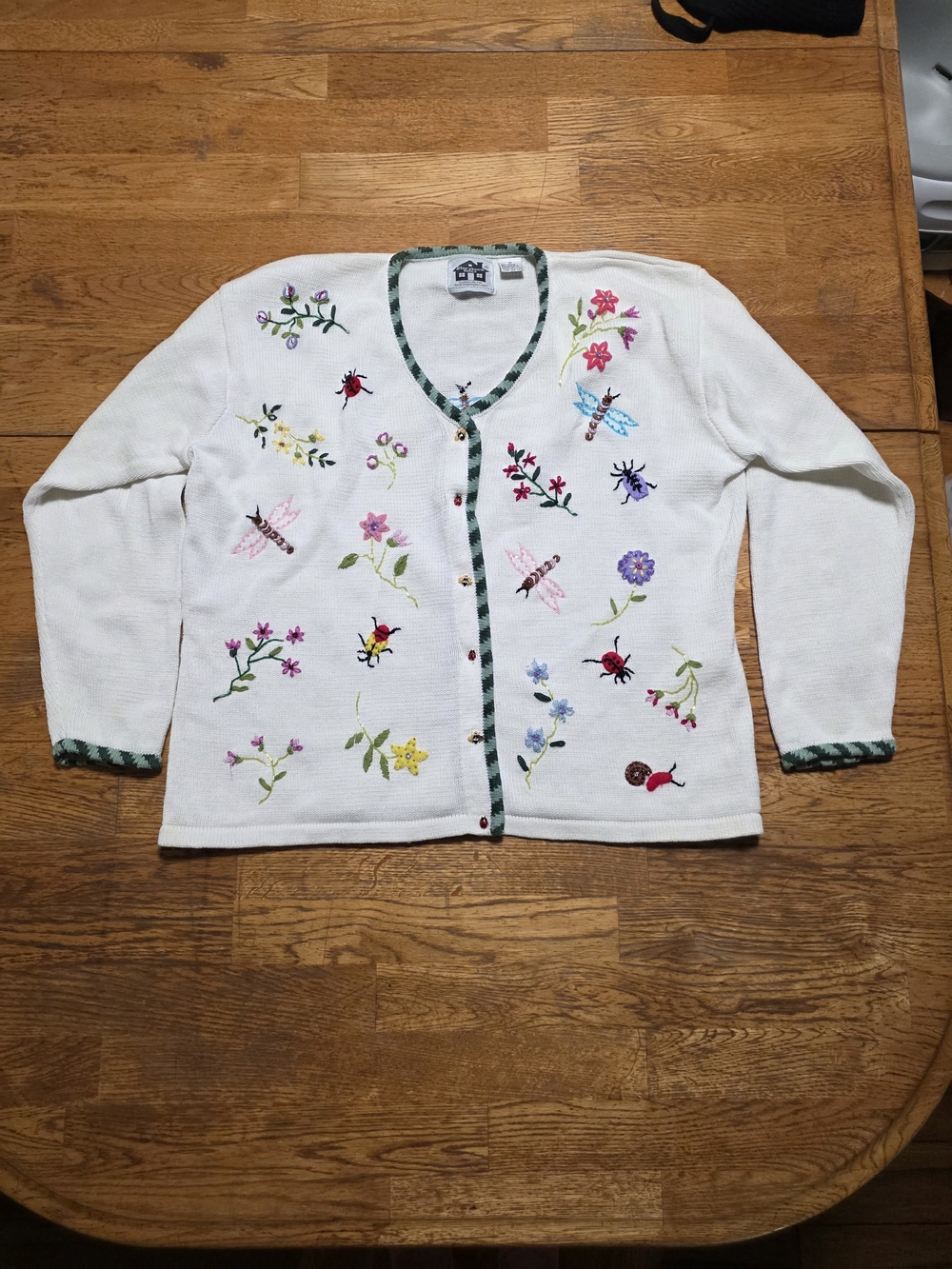 Storybook Knits Vintage Ramie Cotton Embroidered Beaded Grandma Floral Insect